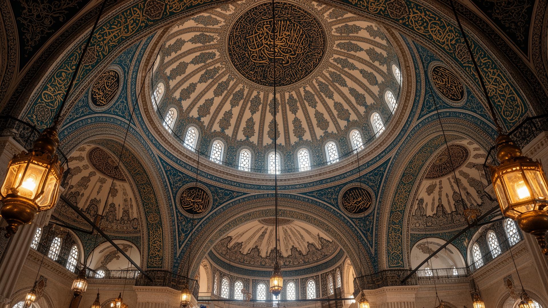 Mosque interior dome with Islamic geometric patterns